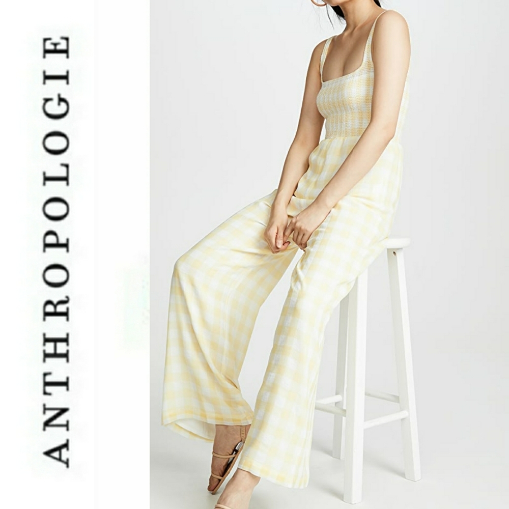 Anthropologie Capulet Wren Smocked Jumpsuit Yellow Gingham Sz L NWT - Picture 9 of 14
